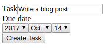 HTML-форма, отображающая текстовое поле с надписью "Задача", три поля выбора года, месяца и дня с надписью "Дата выполнения" и кнопку "Создать задачу".